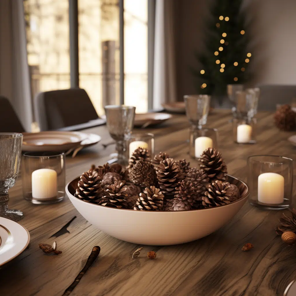 Decorative Bowls with pine cones in on dinning room table 