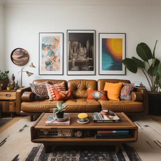 Gallery Wall behind a Dark Brown Couch