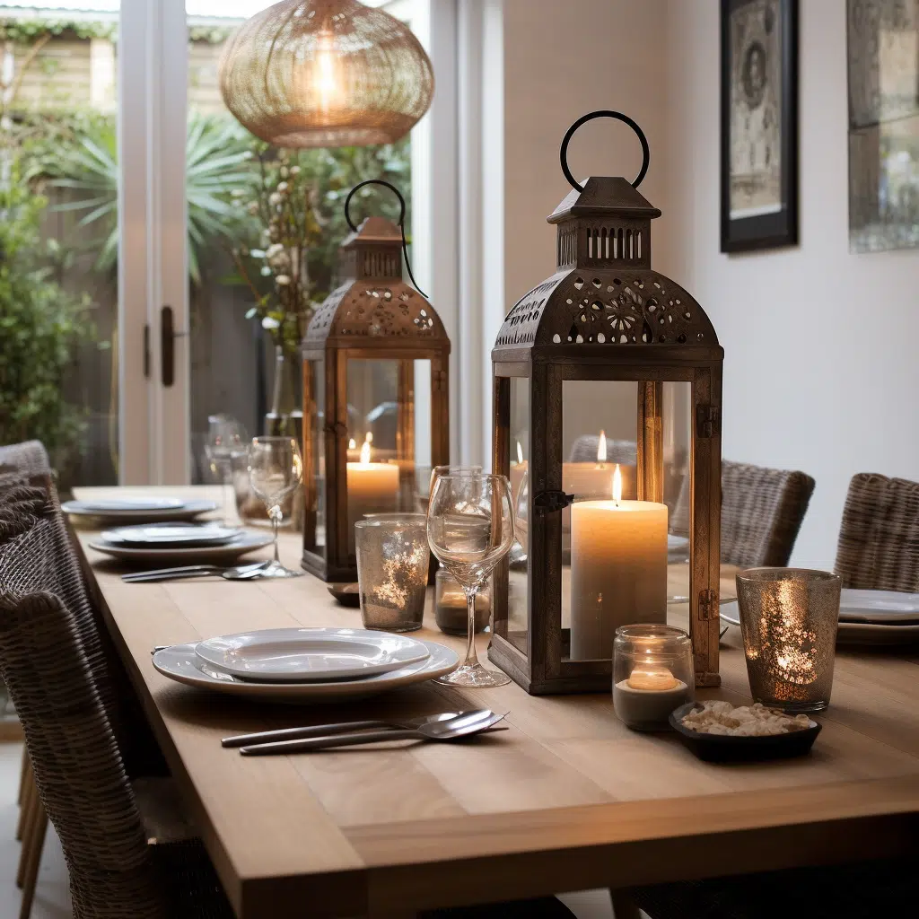 Lantern with candle in on the centre of a dinning room table 
