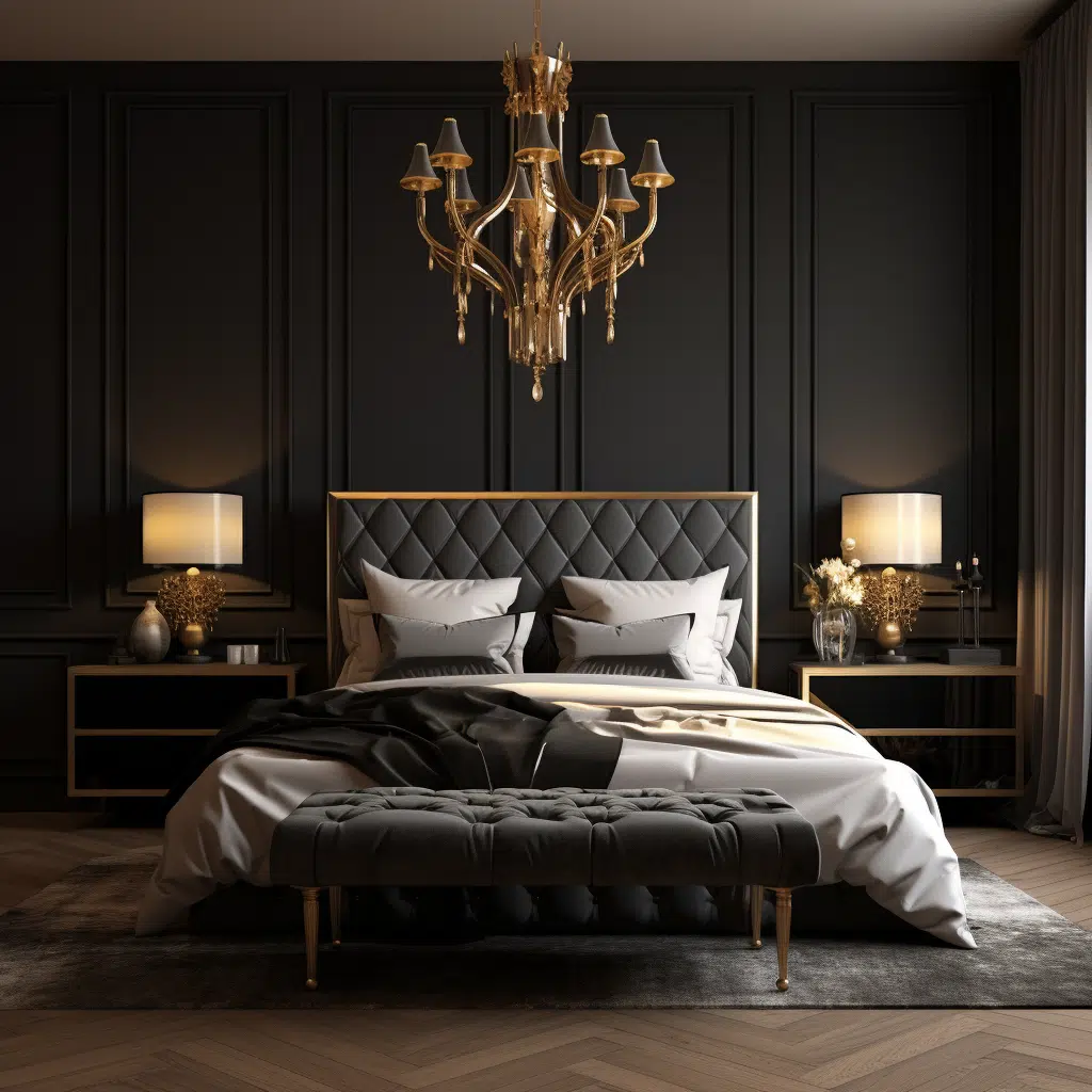 Luxurious bedroom with black satin bedding, a gold chandelier with dimming capabilities, gold or brass accent decor, and bedside lamps with a warm glow 