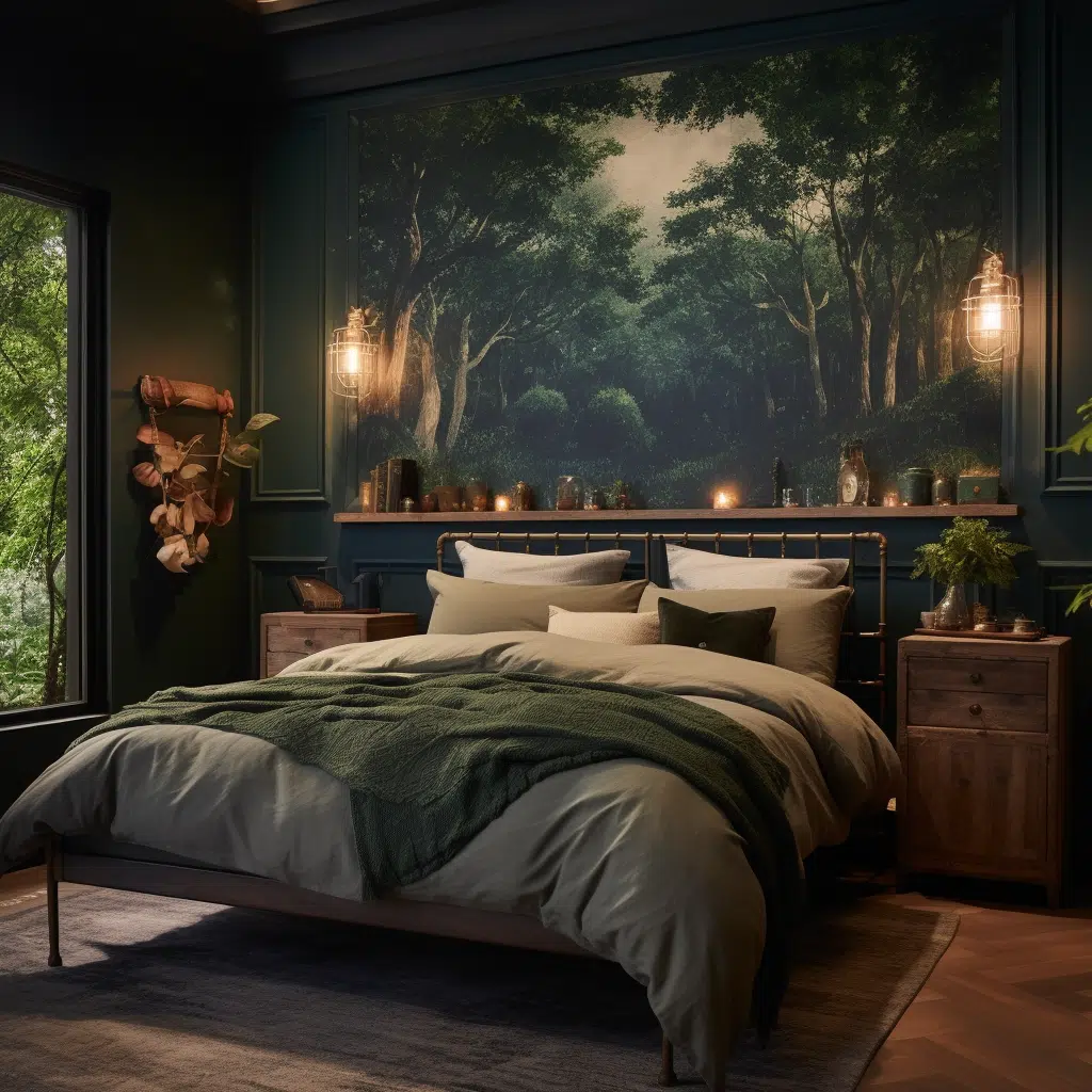 Tranquil bedroom with deep green walls, wooden nightstands, and a wall mural showcasing a moonlit forest scene.