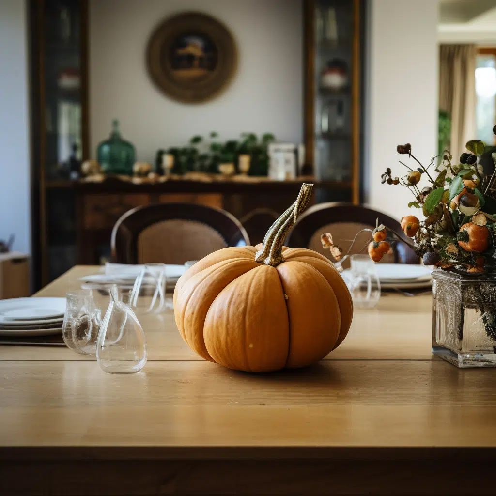 Ornament pumpkins as the centrepiece of a simple dinning room table  