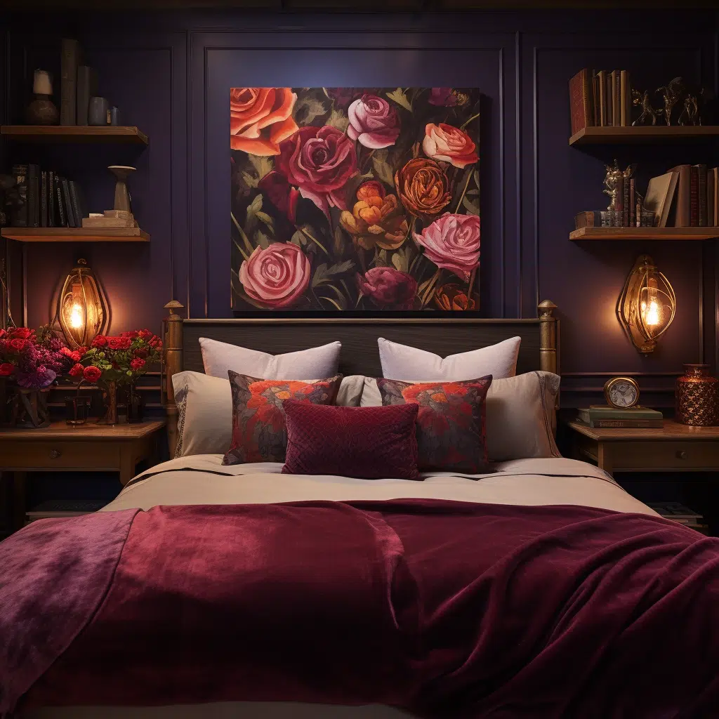 Romantic bedroom featuring deep red and purple bedding with floral patterns, rose-themed artwork,, and warm ambient lighting.