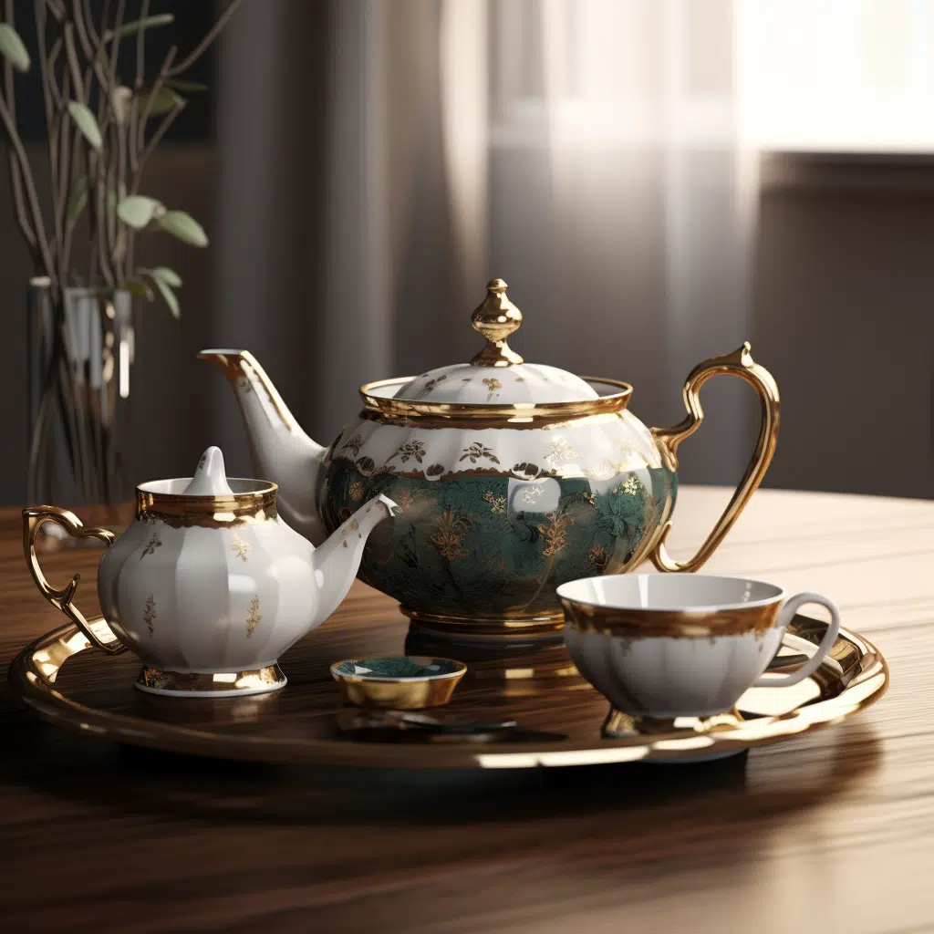 Teapot and Cups as the centrepiece of a simple dinning room table  