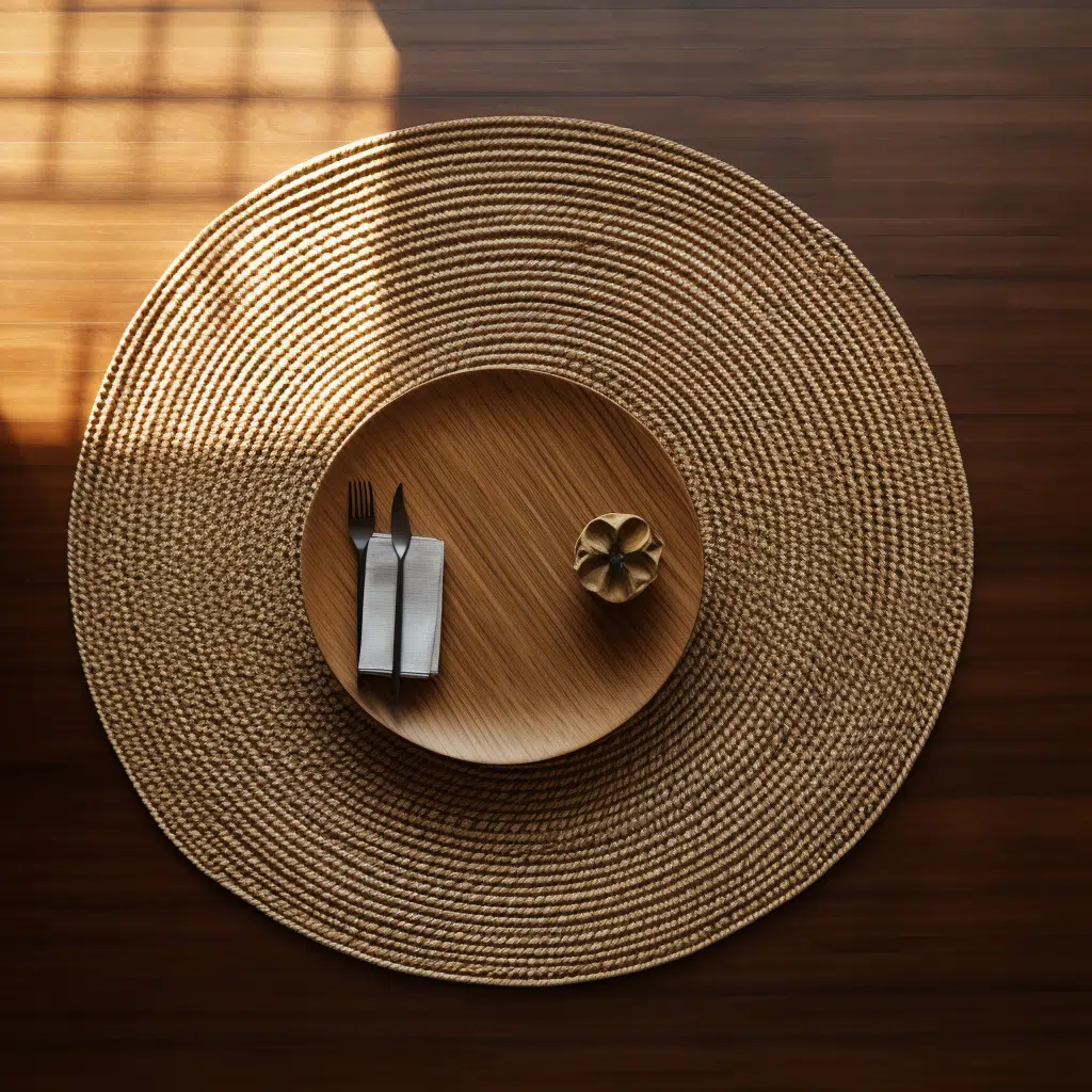  a woven mat in the center of a simple dinning room table 