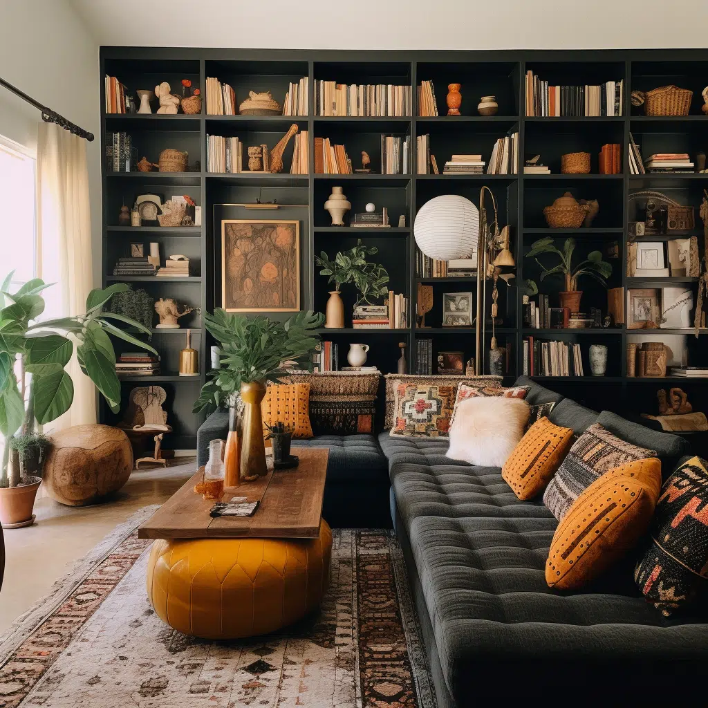 built-in dark wood bookshelf Bohemian Boho living room idea on a budget Image : Relaxed modern bohemian living room with a built-in dark wood bookshelf stuffed fully with books of different sizes and colors organized in a layered style.