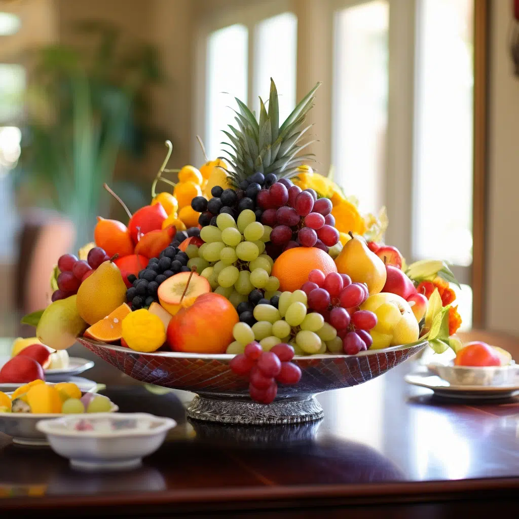 decorative bowl with fresh colorful fruits in the centre of a simple dinning room table 