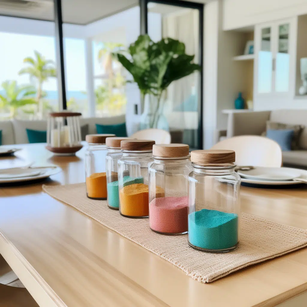 transparent jars with colorful sand in on a  Simple Dining Table Centerpiece