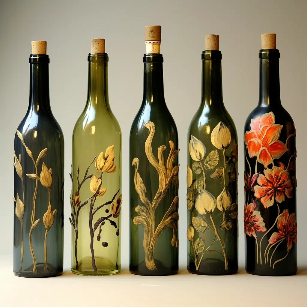 Wine Bottles painted ready to be placed in the centre of a simple dinning room table 