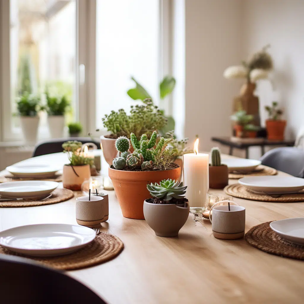 small succulent plants in centre of a simple dinning room table 