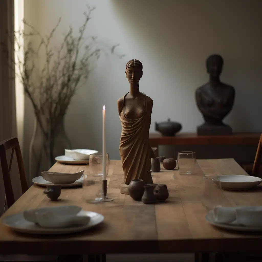 middle of simple dinning room table, a wooden statues as the  centerpeice 