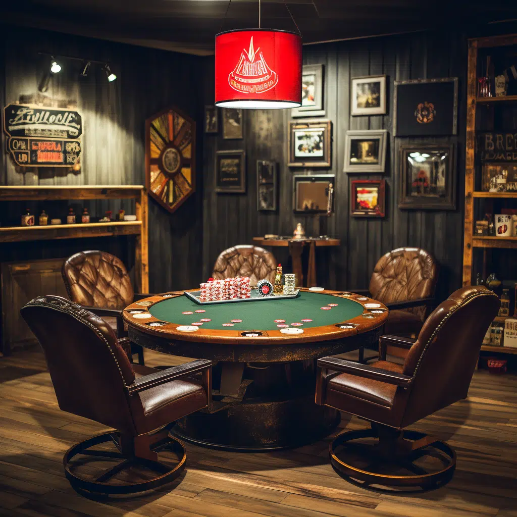 poker room in garage with poker table, chairs, and casino decor