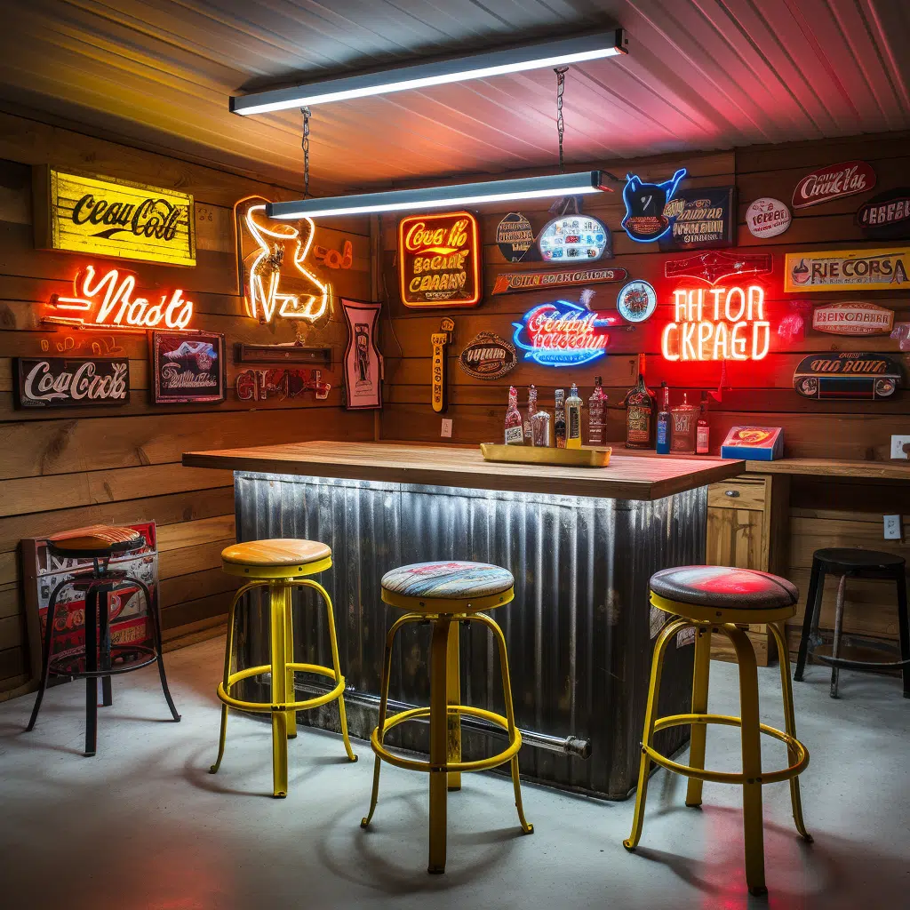 Homemade wooden bar in garage dressed up with pub mirrors, signs, and neon lights.