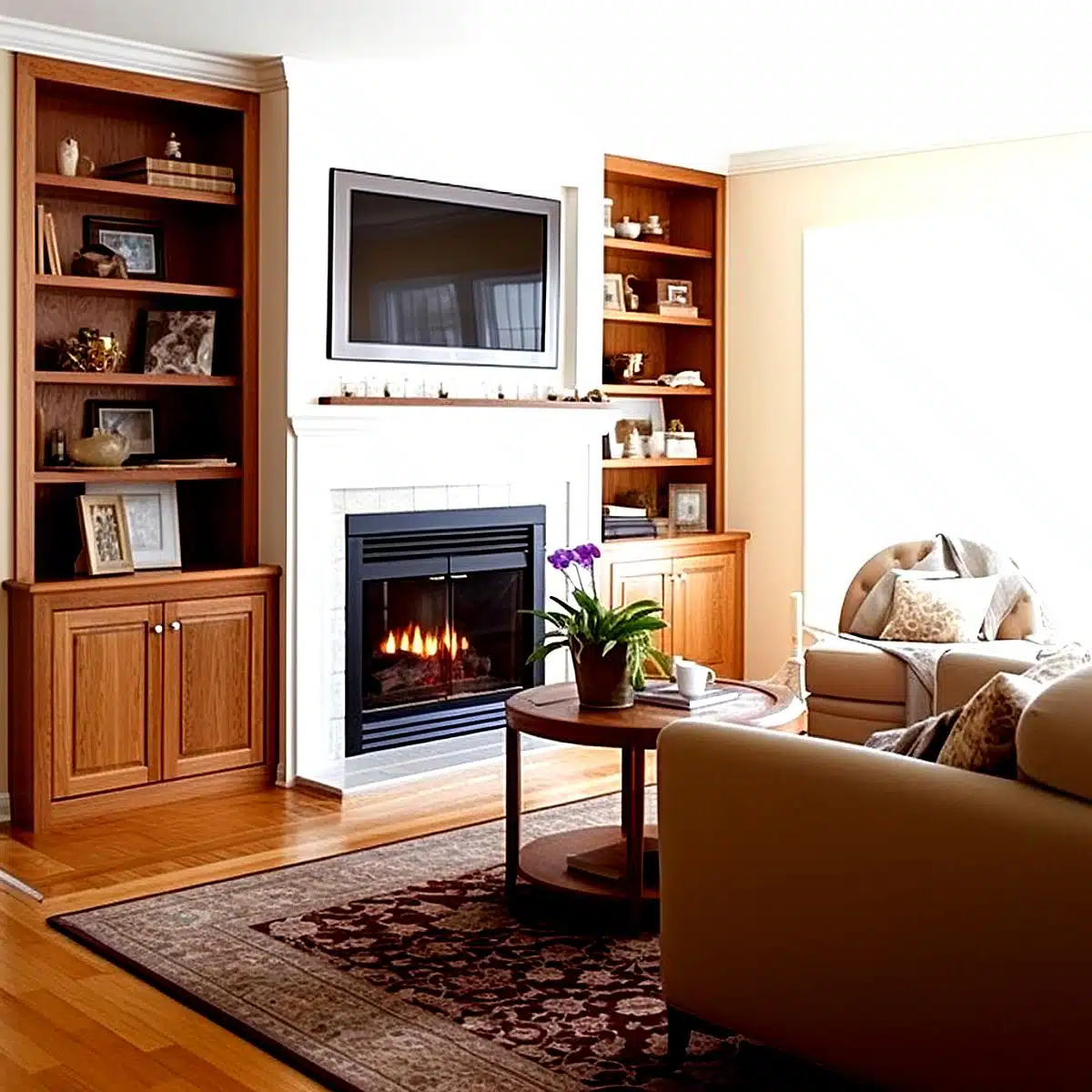 Custom_Side_by_Side_Built_In Elegant living room with wooden built-in shelving units on both sides of a white fireplace. The fireplace is active, radiating a warm glow. Above the fireplace, there's a wall-mounted television. The room features a round wooden coffee table with a vibrant potted purple plant in the center. Nearby, a beige leather sofa is accented with patterned cushions. The hardwood floor is covered partially with a detailed area rug. The shelves are filled with decorative items, framed pictures, and books, creating a homely and curated atmosphere.