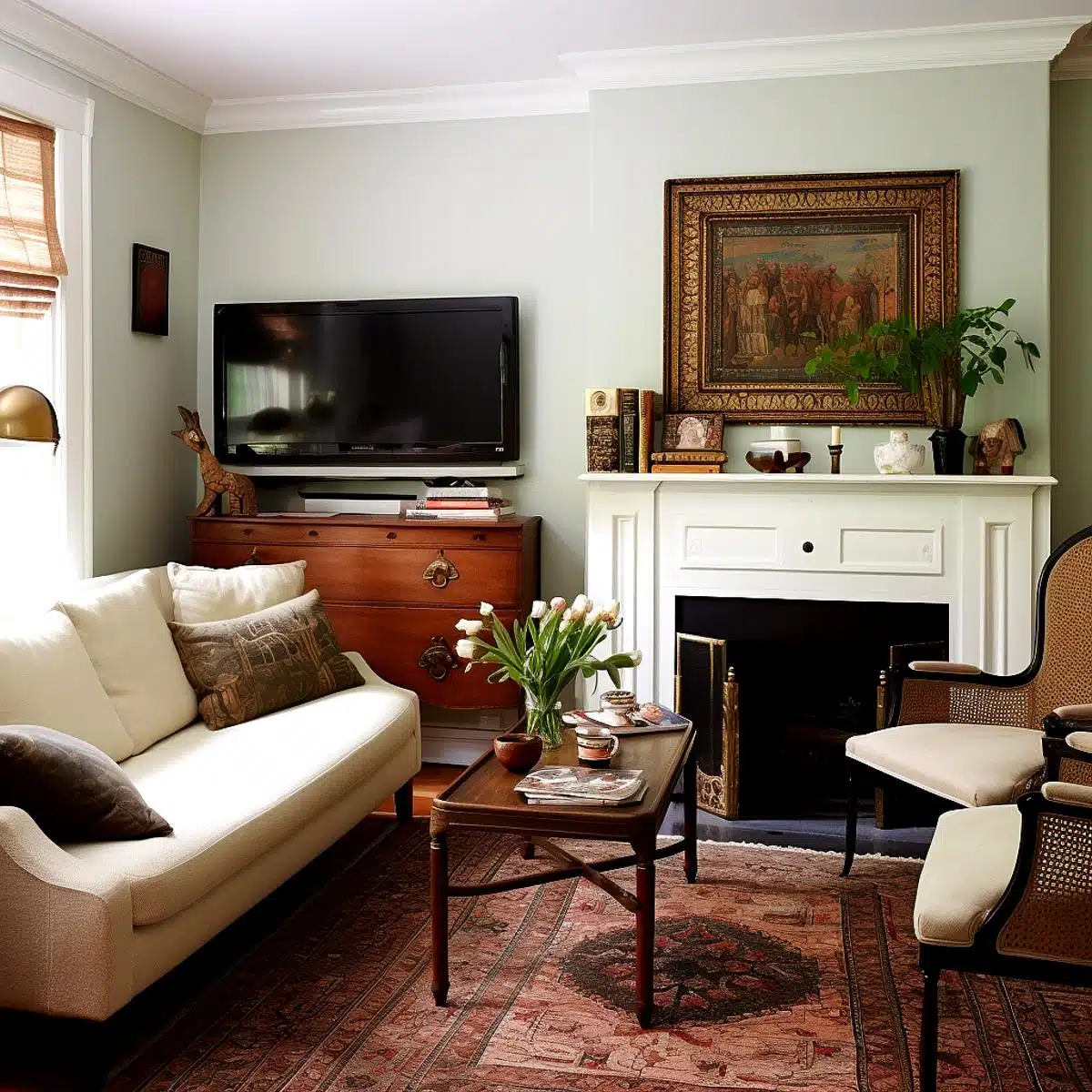 Harmonize_Past_and_Present_Living_Room_with_TV_and_Fireplace A cozy living room with a soft green wall and white crown molding. Centered on the wall is a mounted flat-screen TV, placed atop a wooden dresser filled with various books and trinkets. To the right of the TV is a white fireplace mantel, adorned with a detailed framed artwork depicting a group of figures, surrounded by small decorative items and plants. A cream-colored sofa with patterned cushions is situated to the left, beside a wooden side table holding a vase of white tulips and a tray with a teacup. An ornate oriental rug covers the floor, complementing a wooden and rattan chair with a white cushion, positioned to the right.
