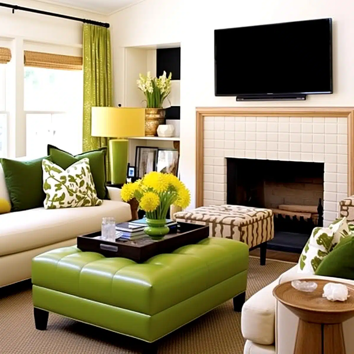 Include_5 (1) A vibrant living room with a white sofa adorned with green patterned pillows, complemented by a bold green leather ottoman serving as a coffee table. Above a beige fireplace with white tile detailing hangs a flat-screen TV. To the left of the TV, a narrow black shelf displays a golden vase with fresh white flowers. A larger wooden table on the side holds a vase of bright yellow flowers and a few books. The room is brightened by a large lamp with a yellow shade, and the window is framed with coordinating green curtains.