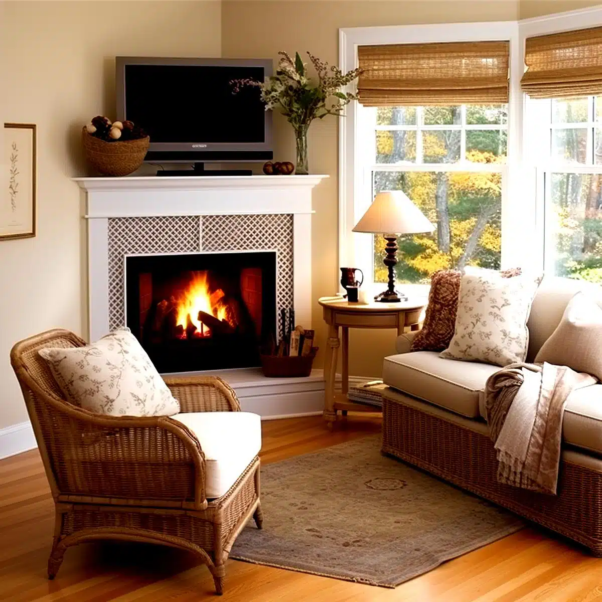 Optimize_Floor_Space_Corner_Fireplace Cozy living room featuring a white fireplace with a burning fire. Above the fireplace, there's a mounted television. The room is furnished with a beige sofa adorned with patterned and solid cushions, a wicker armchair with a white cushion, and a small wooden side table holding a lamp. The windows, dressed in woven blinds, provide a view of trees displaying autumn foliage. Decorative elements like a bowl of fruit, vases with flowers, and framed art add to the room's inviting ambiance.