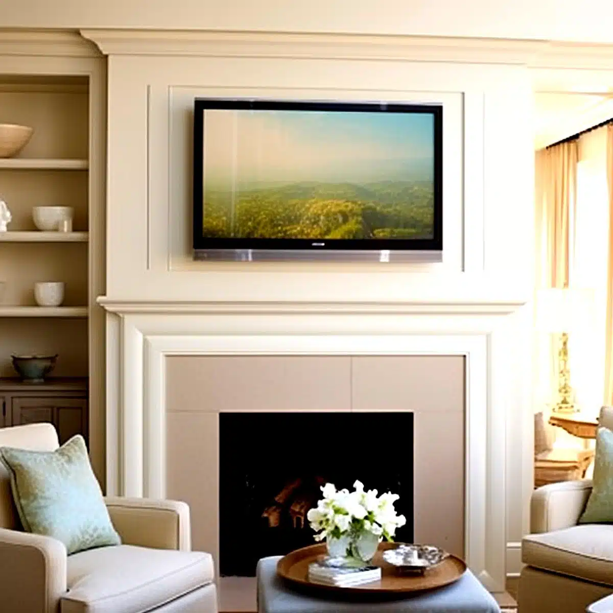 Wall_Mounted_TV_Over_Fireplace Elegant beige-themed living room showcasing a large flat-screen TV mounted above a fireplace. The TV displays a scenic view of a lush landscape with rolling hills. To the left, a built-in shelf houses minimalistic decor items. Below the TV, the fireplace is inactive, with a vase of white flowers placed on a round wooden tray in fron side the table, a plush armchair with a light blue cushion provides seating. The room is softly illuminated by natural light, filtering through a window with cream curtains to the right.