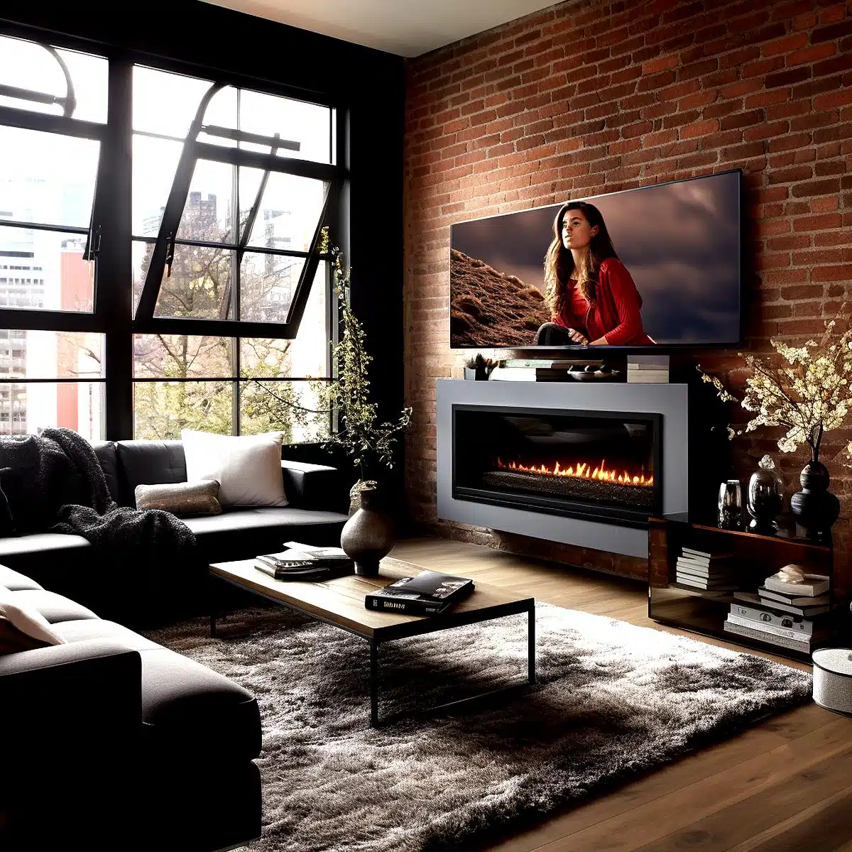 bigger_tv A modern urban loft living room with large windows showcasing a cityscape. The room features a red brick accent wall where a large flat-screen TV is mounted, displaying an image of a woman in a red outfit against a natural backdrop. Below the TV, a contemporary fireplace with a flickering flame adds warmth to the space. The room is furnished with dark gray sofas, a black metal coffee table holding books and a vase, and a plush gray rug. Sprigs of dried plants in vases and decorative items are strategically placed throughout the room, adding touches of nature and elegance.