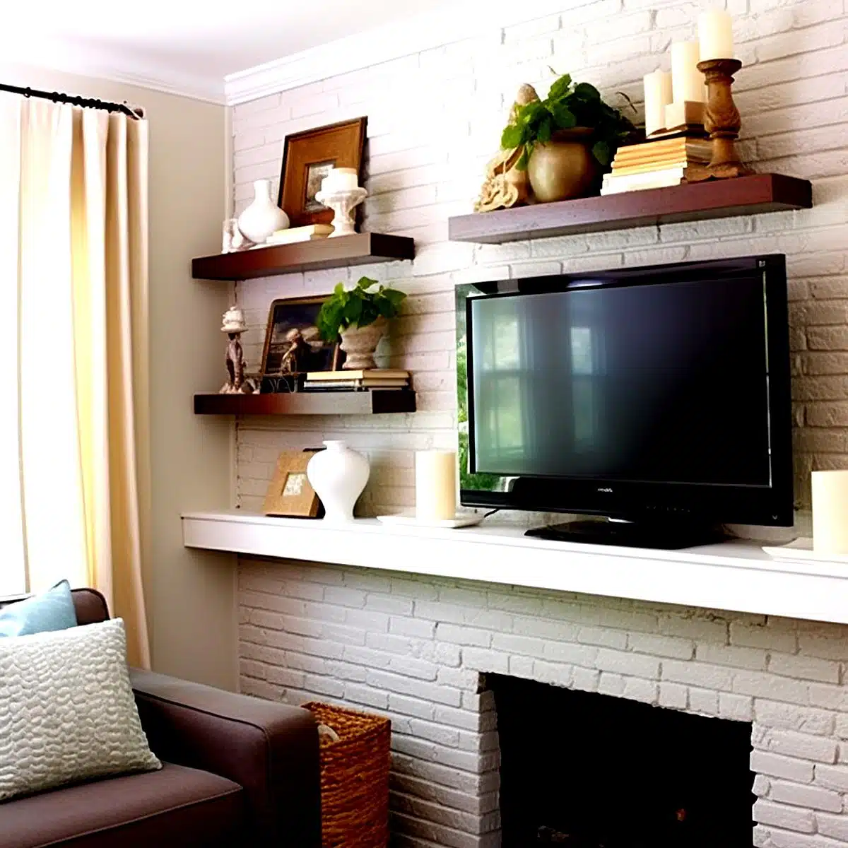 floating_shelves_for_storage_and_style A cozy living room corner showcasing a white-painted brick fireplace. Above the mantel, a flat-screen TV is mounted, flanked by rustic wooden floating shelves. The shelves display various decorative items such as vases, framed pictures, books, and candles. To the left, a beige curtain softly filters light next to a plush brown sofa adorned with a light blue throw pillow. A wicker basket is placed beside the sofa, adding a touch of natural texture to the space.