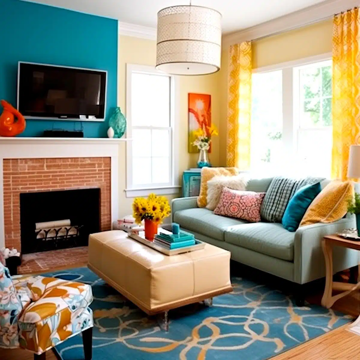 living_0 (1) A vibrant living room featuring a bold turquoise accent wall with a mounted flat-screen TV. A brick fireplace sits below, flanked by shelves displaying colorful vases. A light blue sofa with a mix of patterned cushions in pink, blue, and yellow is central to the room. A cream-colored leather ottoman serves as a coffee table, topped with books and a blue tray holding a vase of yellow sunflowers. To the right, sunlit windows are draped with bright yellow patterned curtains. The floor is adorned with a blue and white patterned rug, and a modern cylindrical pendant light hangs from the ceiling.