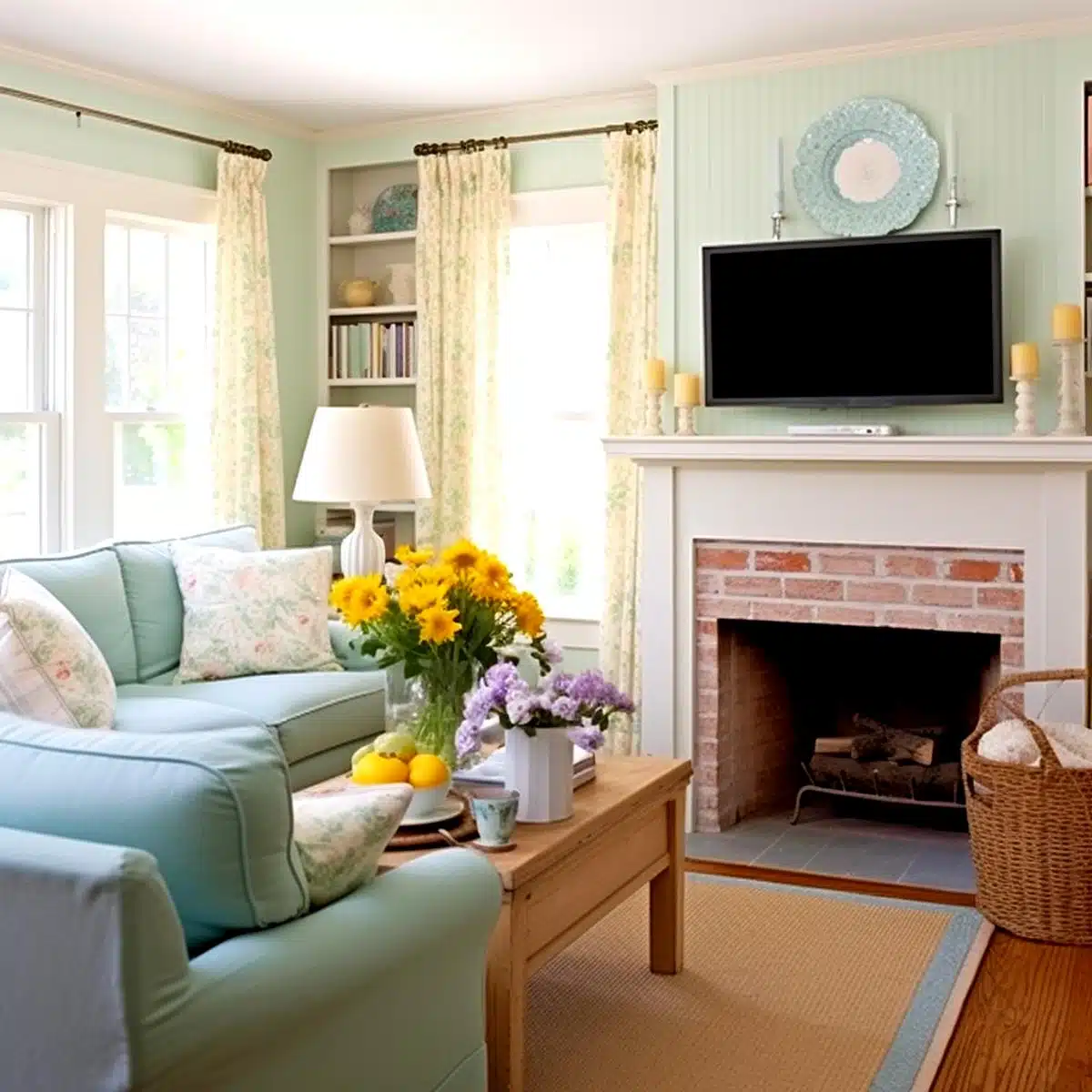 living_1 (1) A cozy living room featuring pastel green walls and matching light green sofa adorned with floral cushions. A wooden coffee table holds a vase of bright yellow sunflowers and a smaller vase of purple flowers, with a few lemons beside. To the right, there's a brick fireplace beneath a mounted flat-screen TV. On the left, sunlit windows are framed by floral-patterned curtains. A white bookshelf stands nearby, and a decorative blue plate is mounted on the wall above the fireplace.