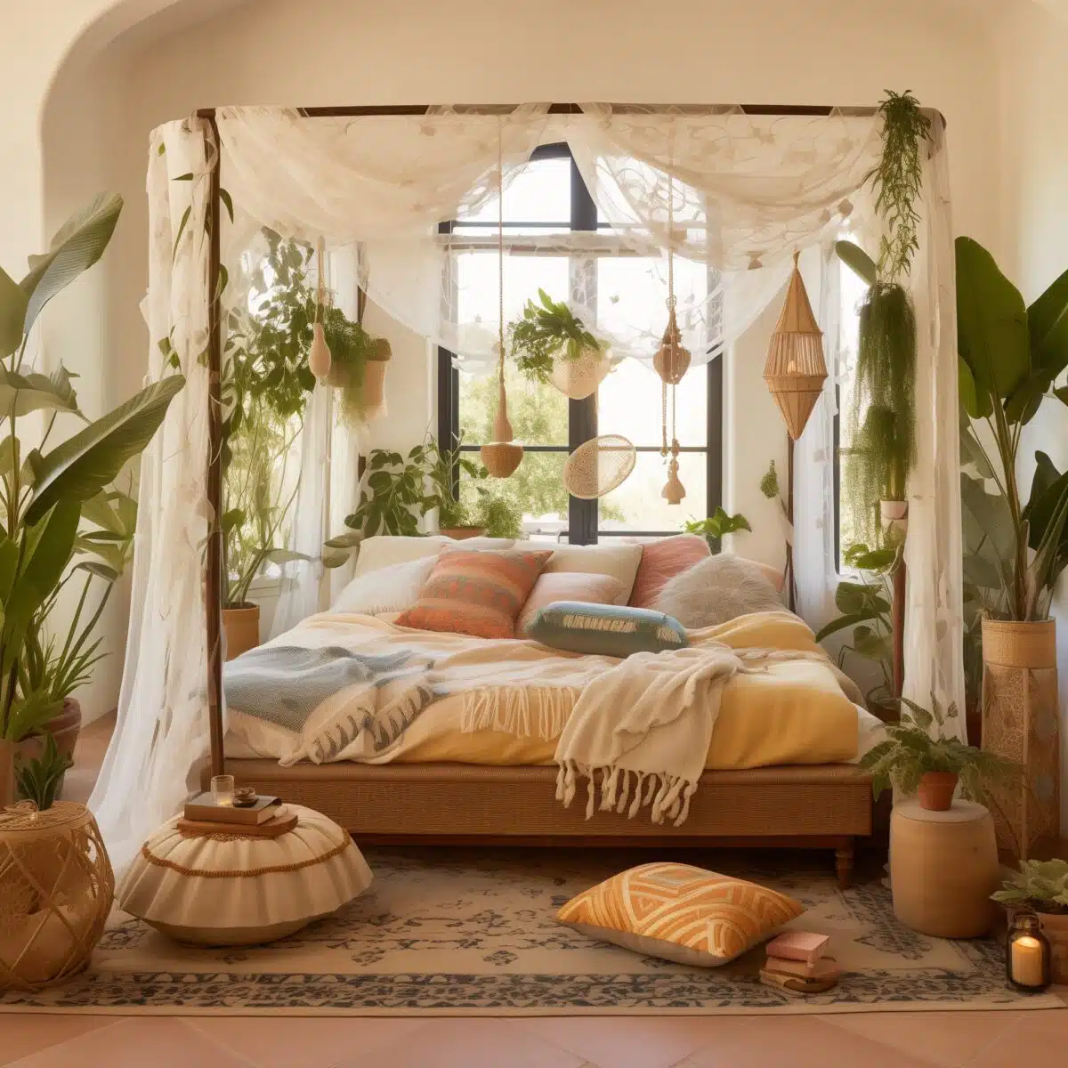 apartment_bedroom_Custom_Bohemi 3 (1) This image presents a couple's bedroom with bohemian elegance, highlighting a spacious bed with a patterned throw and multiple pillows in a variety of textures and colors. Ambient string lights add a warm glow, while potted plants provide a touch of nature, all combining for a romantic and personalized space.