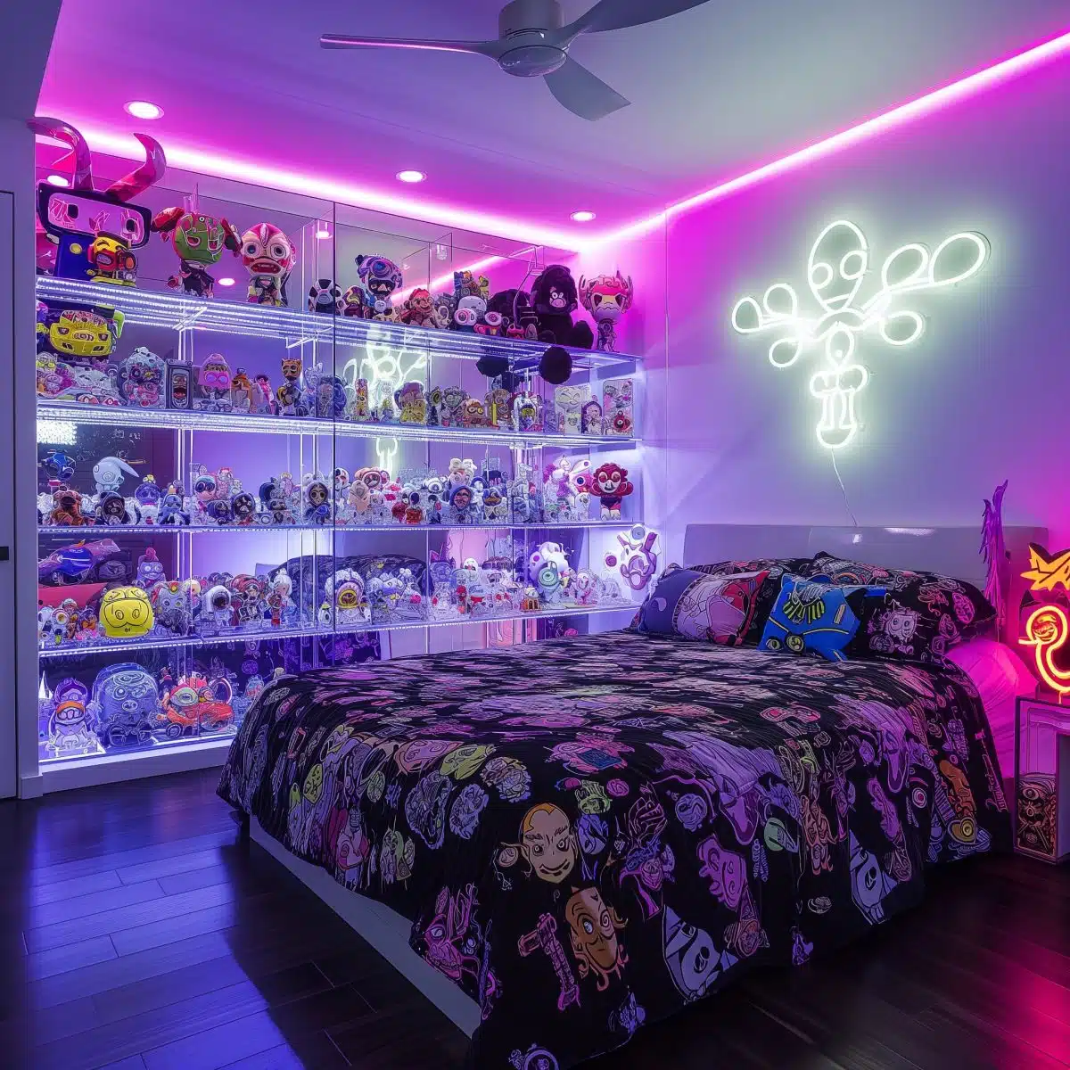 hype_beast_bedroom_bed_Exhibit_Prized_Pop_Culture_Gr 2 (1) In this image, a bedroom is depicted with an eclectic display of pop culture figures on lit shelves against a purple backdrop. The room features a large bed with a black comforter showcasing various character prints. A neon wall art piece adds a contemporary touch to the space, and the floor is carpeted, providing a cozy feel. The room is a testament to the collector's passion, with every item carefully placed to contribute to the thematic decor.