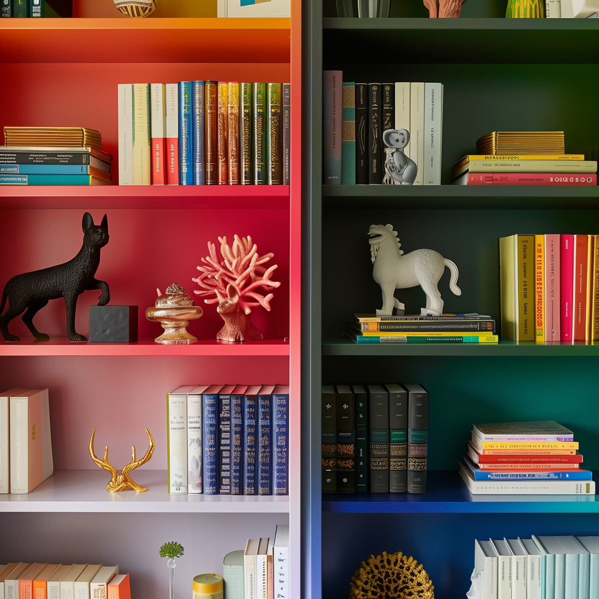 Close-up_of_a_bookcase_where_books_are_playfully_org 3 A vibrant bookcase with color-coordinated shelves, ranging from warm oranges to cool blues. Each shelf displays a thoughtful arrangement of books, decorative objects, and artwork. Highlights include a black canine figurine, a white horse statue, and a coral-shaped object, all contributing to the bookcase's dynamic and stylish appearance.