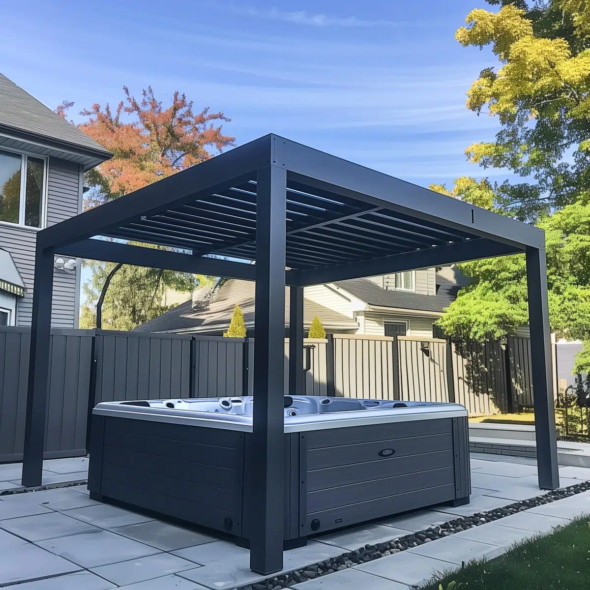 Image of a modern backyard featuring a sleek aluminum pergola over a rectangular hot tub. The setting is residential with a neatly landscaped lawn and a backdrop of houses and trees under a clear sky.