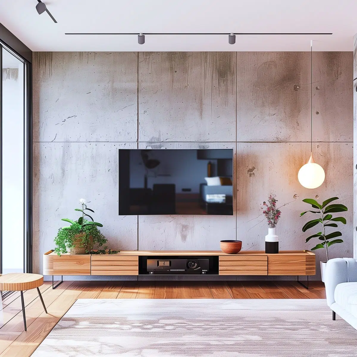 iphone_camera_large_blank_wall_ideas_living_rooms 1 A modern living room with a minimalist aesthetic, featuring a large television mounted on a concrete wall above a sleek wooden entertainment unit adorned with plants.