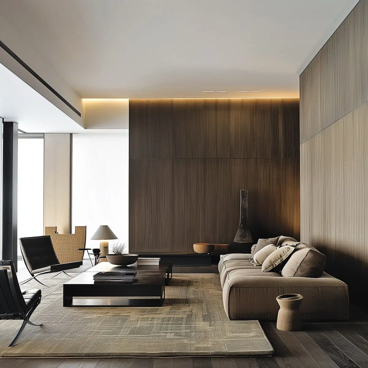 iphone_camera_large_blank_wall_ideas_living_rooms 17 A sleek, modern living room with wood-paneled walls, hosting a minimalist seating area with a low-profile sofa and a dark wood coffee table.