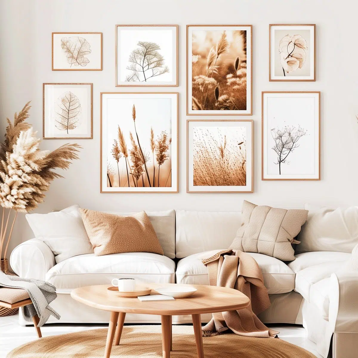 iphone_camera_large_blank_wall_ideas_living_rooms 5 A cozy living space with a plush white sofa set against a wall decorated with a gallery of framed botanical prints in warm sepia tones.
