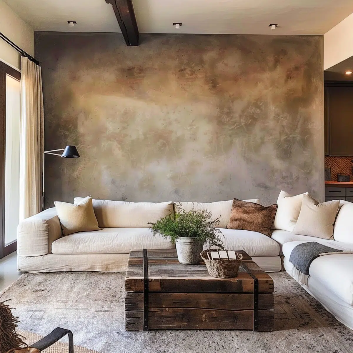 iphone_camera_large_blank_wall_ideas_living_rooms 7 A chic living area with a rustic vibe, showcasing a large, soft sofa, a wooden coffee table, and a muted, textured wall as a backdrop.