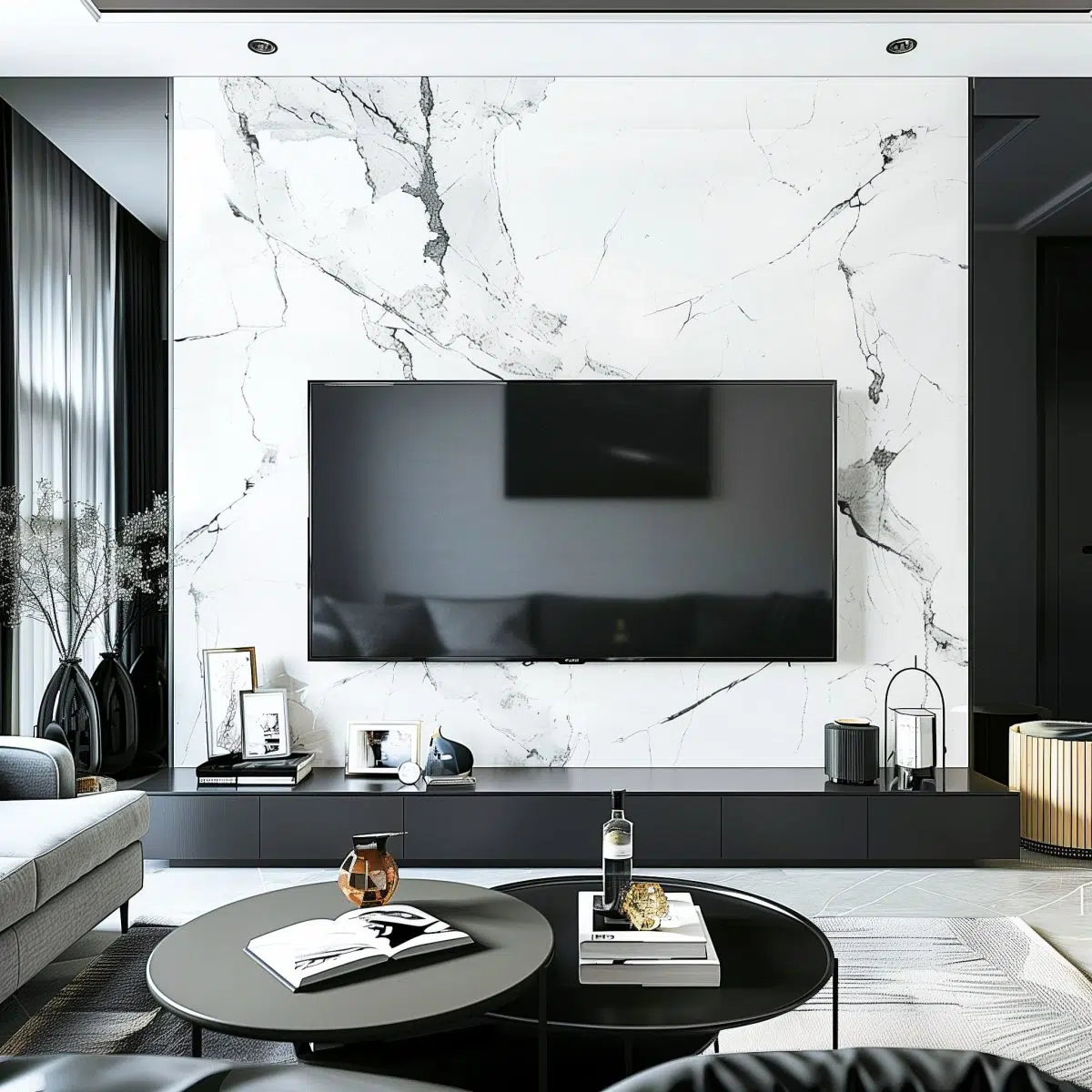iphone_camera_large_blank_wall_ideas_living_rooms18 A lavish living room with a luxurious marble wall housing a flat-screen TV, complemented by chic black and gray furniture.