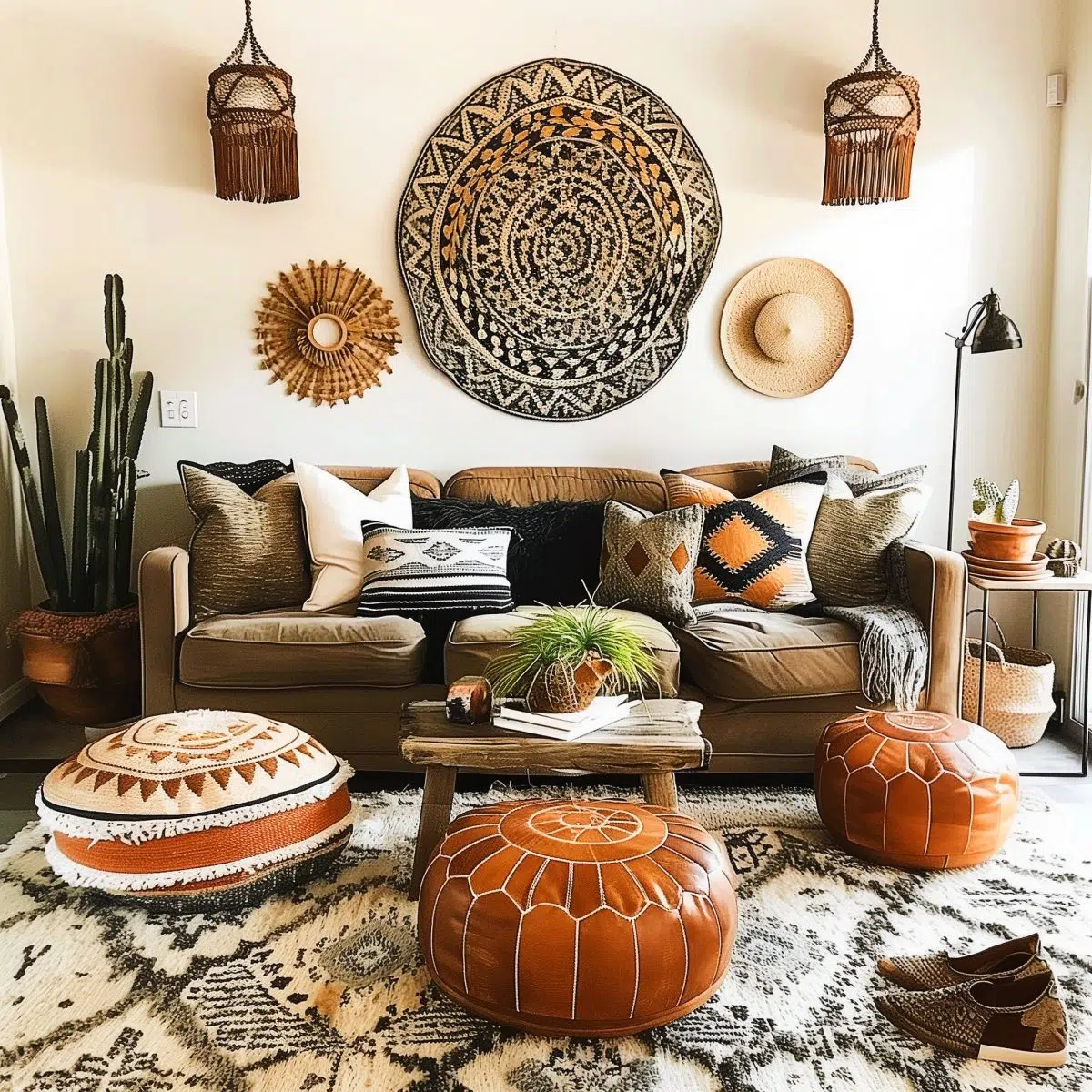 large_blank_wall_ideas_living_rooms_boho 11 A bohemian-inspired living room displaying a bold, circular black and gold wall tapestry, complemented by earthy-toned pillows, two leather poufs, a rattan mirror, and a variety of potted plants for a natural touch.