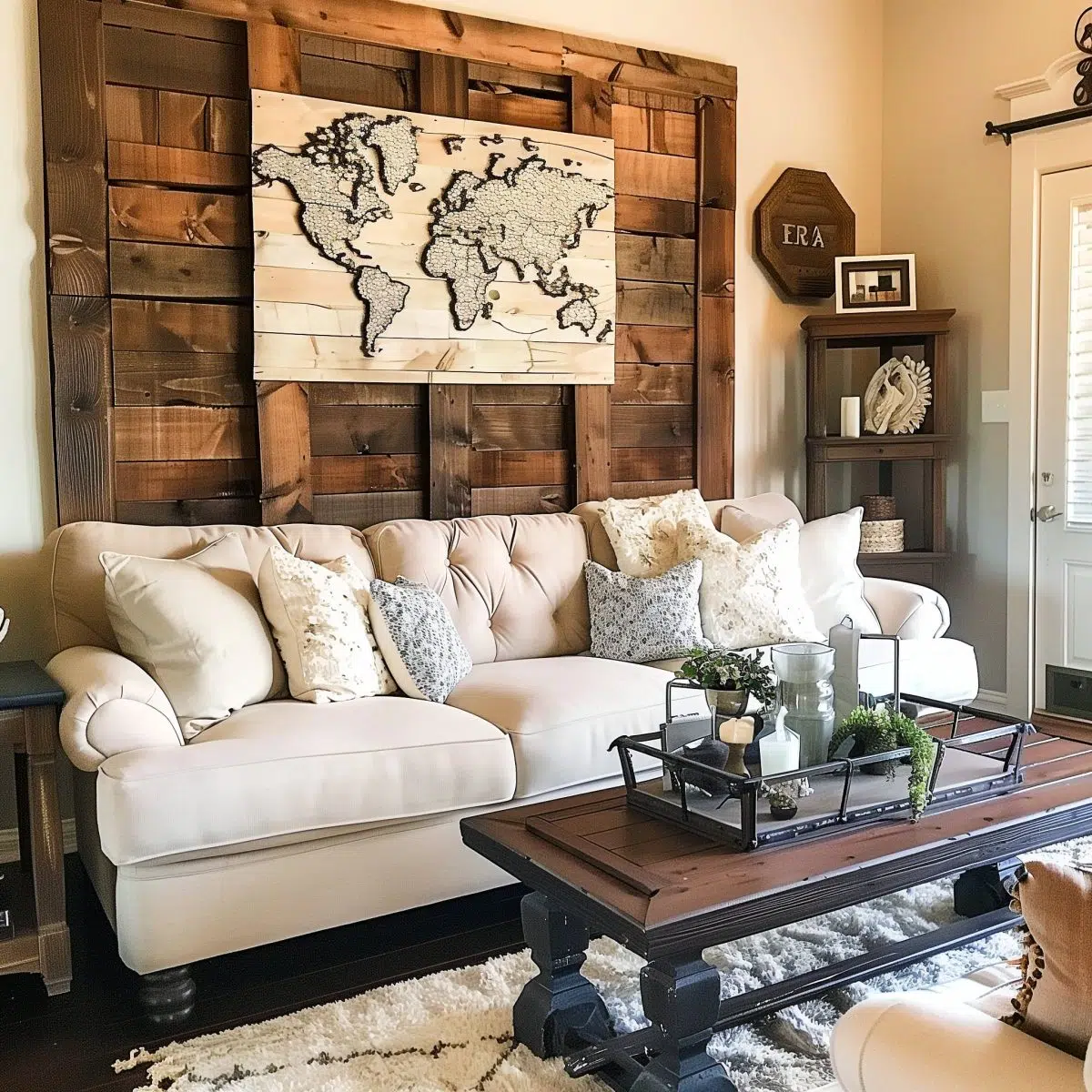 large_blank_wall_ideas_living_rooms_diy 8 A traditional living room with a wooden wall featuring a world map artwork. The space includes a beige tufted sofa with patterned pillows, a dark wooden coffee table, and a cozy rug, providing a warm, travel-inspired theme.