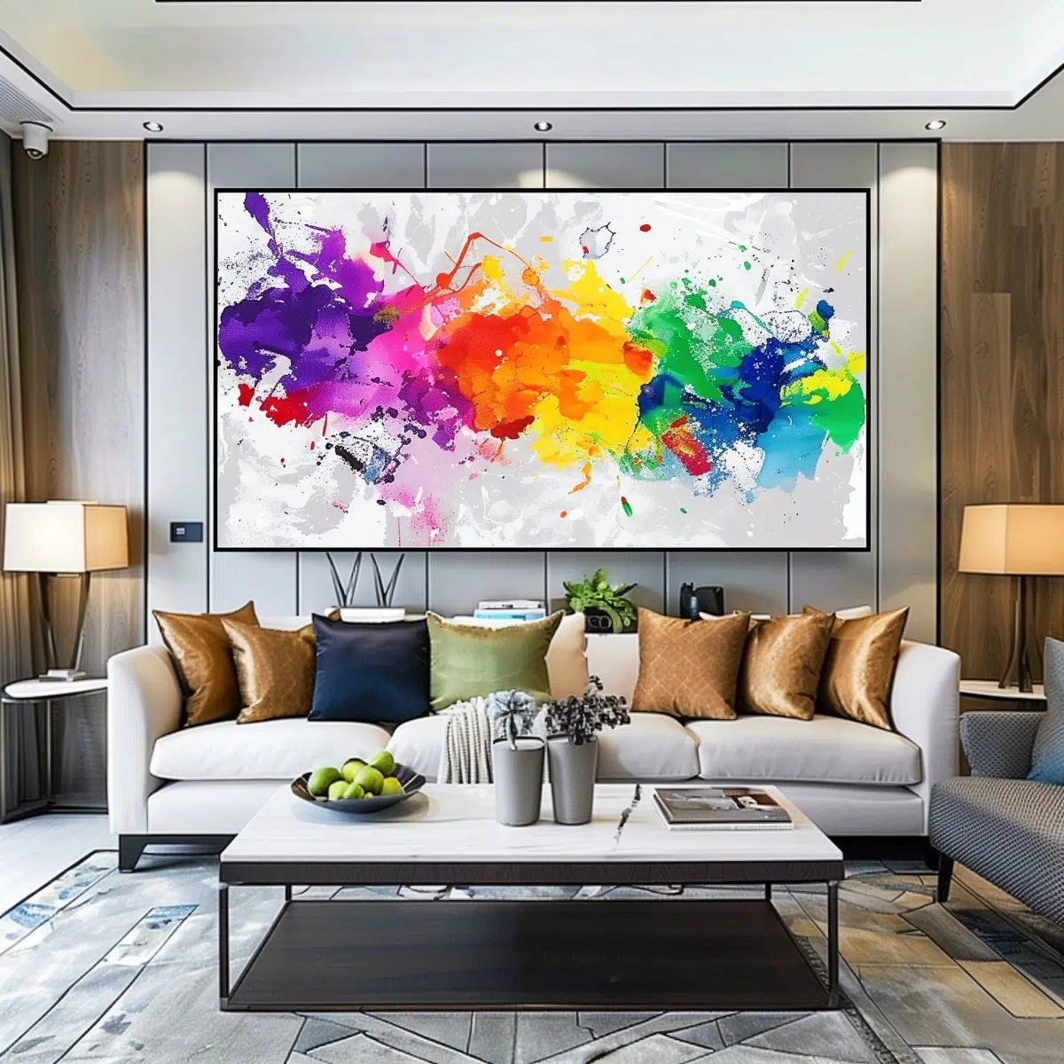 large_blank_wall_ideas_living_rooms_paintings 14 A contemporary living room featuring a large, vibrant abstract painting above a white sofa, accented with metallic and navy pillows. A grey rug, sleek coffee table, and modern decor items complete the sophisticated look.