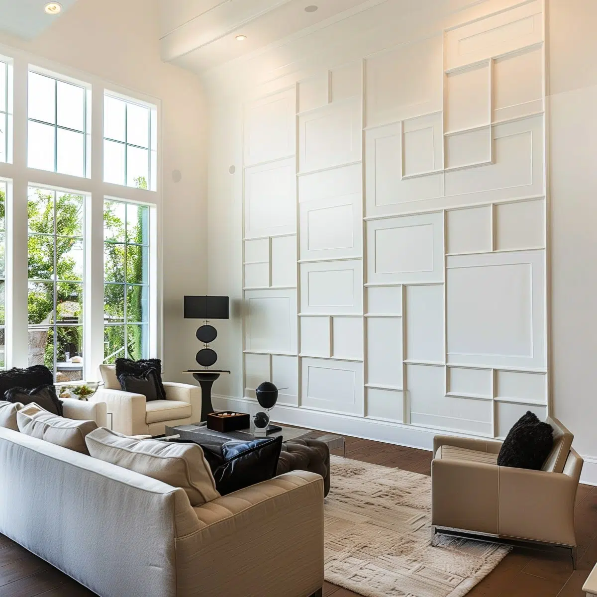 large_blank_wall_ideas_living_rooms_panels 16 A chic living room with a three-dimensional white wall panel creating a dynamic focal point. The room is furnished with a light beige sectional, black accent chairs, and a patterned rug, balancing modern design with classic comfort.