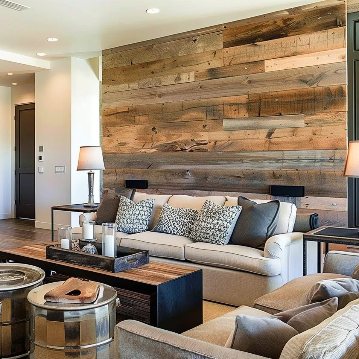 large_blank_wall_ideas_living_rooms_rustic 9 A warm living room showcasing a rich wooden plank wall with a modern black fireplace. The space is styled with a light beige sofa, patterned throw pillows, metallic side tables, and a mixture of cozy textures.