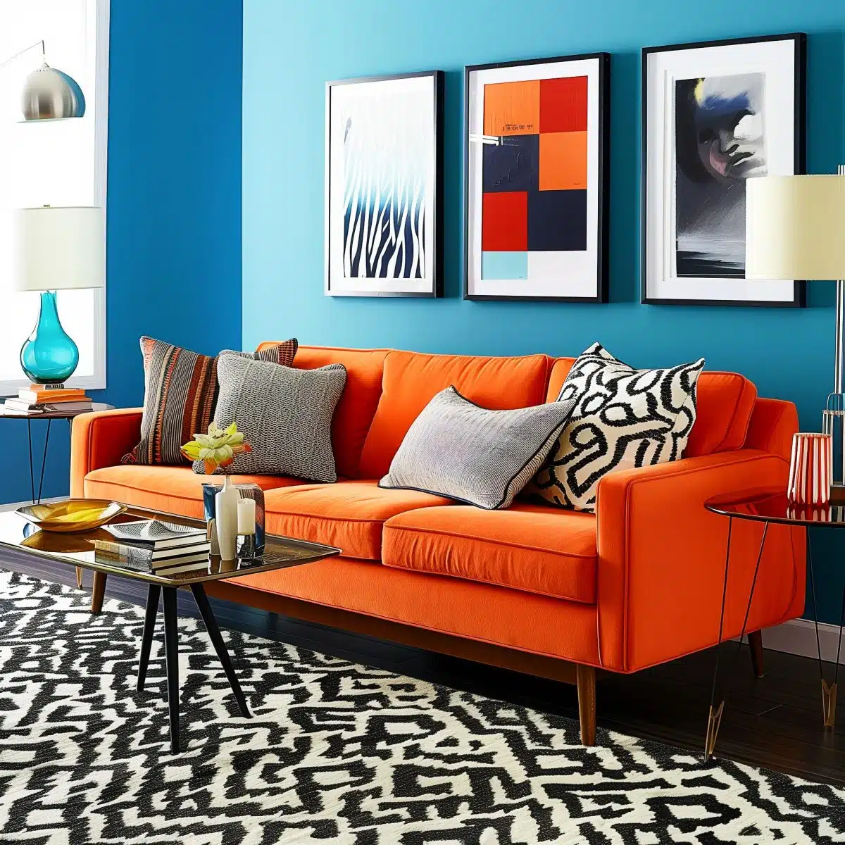 A_bright_tangerine_sofa_paired_with_a_deep_teal_acce 8 A bright tangerine-colored sofa in a room with deep teal accent walls adorned with abstract and geometric artwork.