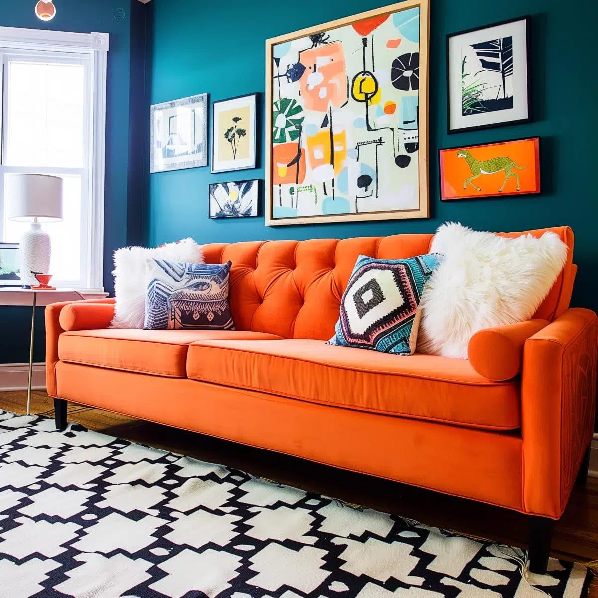 A_bright_tangerine_sofa_paired_with_a_deep_teal_acce 9 A cozy corner featuring a bold orange sofa set against a teal wall, complemented by eclectic throw pillows and vibrant wall art.