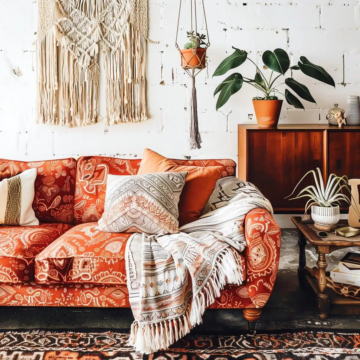 A_patterned_bohemian_orange_couch_think_paisley_or 10 The same bohemian orange couch, now dressed with assorted throw blankets and cushions, bringing warmth to the white-walled space.
