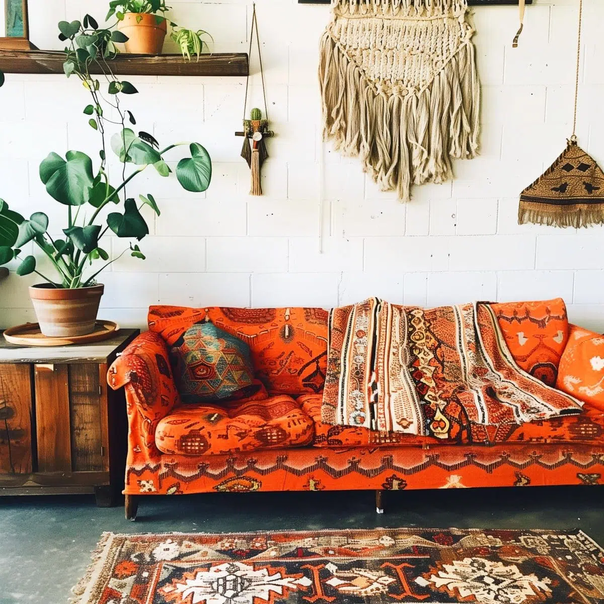 A_patterned_bohemian_orange_couch_think_paisley_or 7 A bohemian-patterned orange couch with paisley and ethnic designs, set in a rustic room with a white brick wall and vintage decorations.