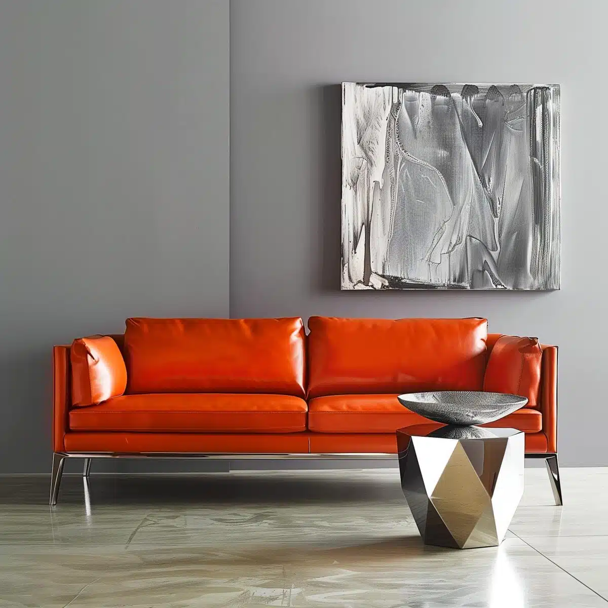 A_sleek_orange_leather_sofa_with_clean_lines_against 3 A sleek orange leather sofa with minimalist design against a textured gray wall, paired with a metallic geometric coffee table.