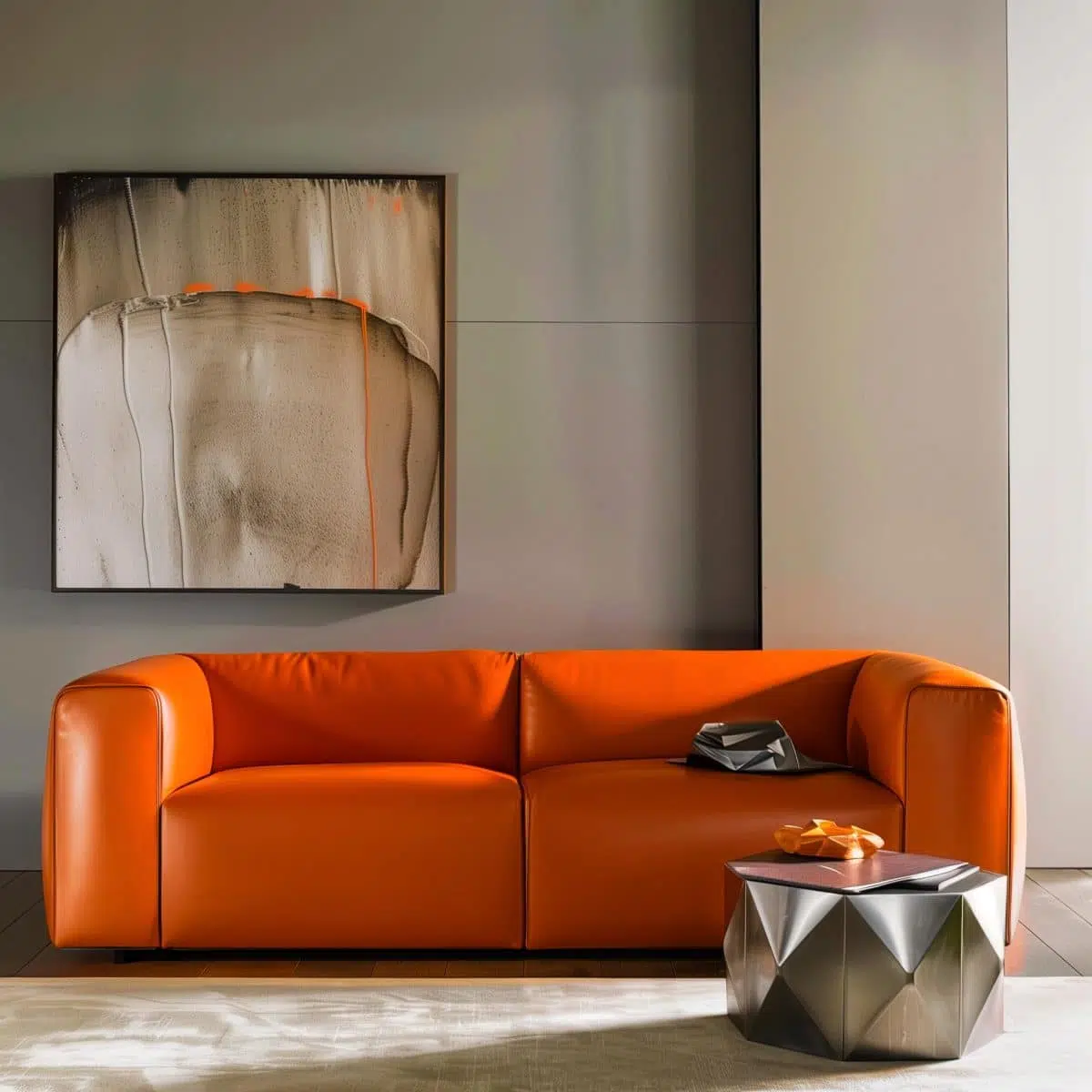 A_sleek_orange_leather_sofa_with_clean_lines_against 4 The same sleek orange sofa captured at a different angle, highlighting its clean lines and the harmonious blend with the contemporary décor.