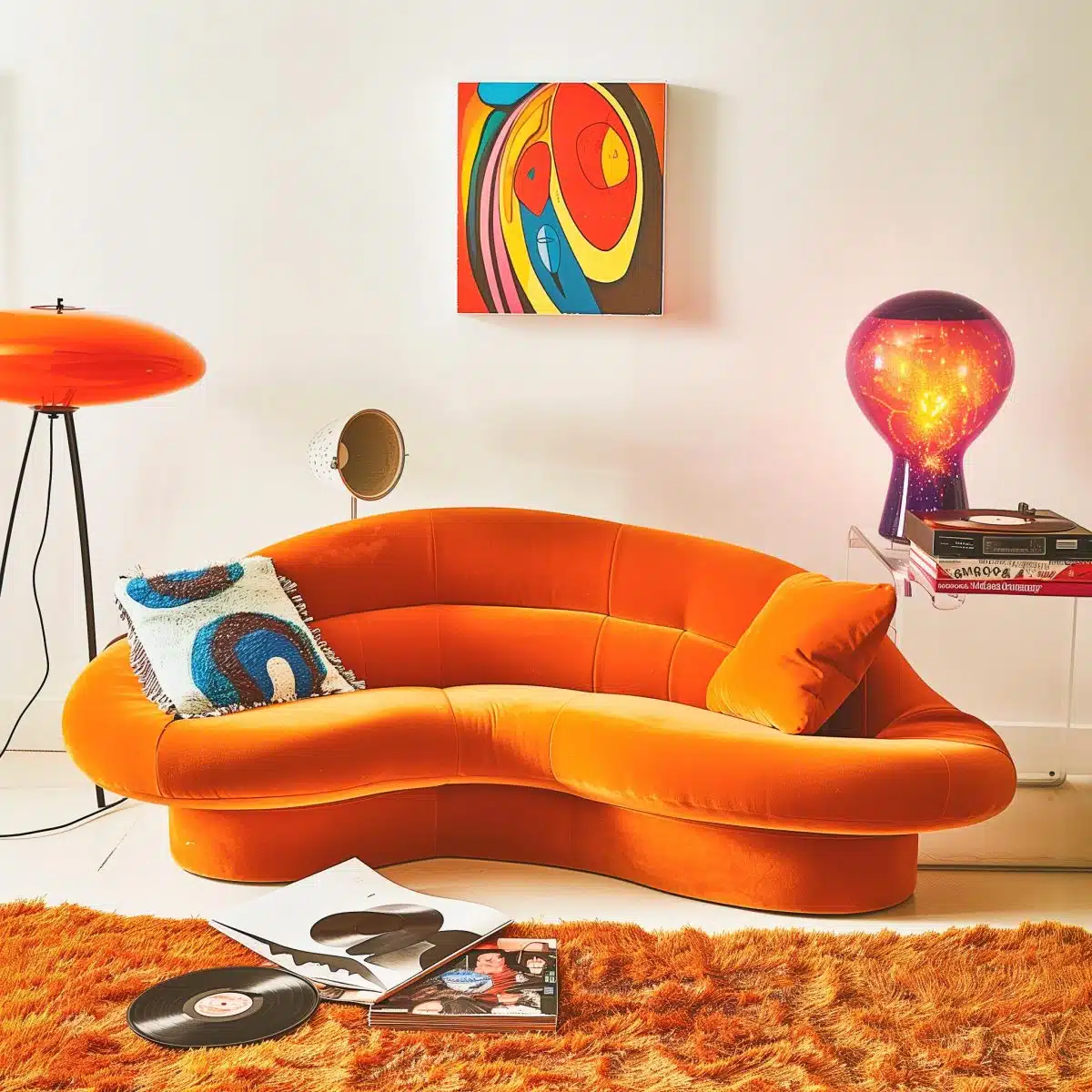 A_worn_retro-style_orange_sofa_with_playful_curves 15 A retro-style orange sofa with playful curves and a worn texture, in a lively room with a plush orange carpet and quirky accessories.