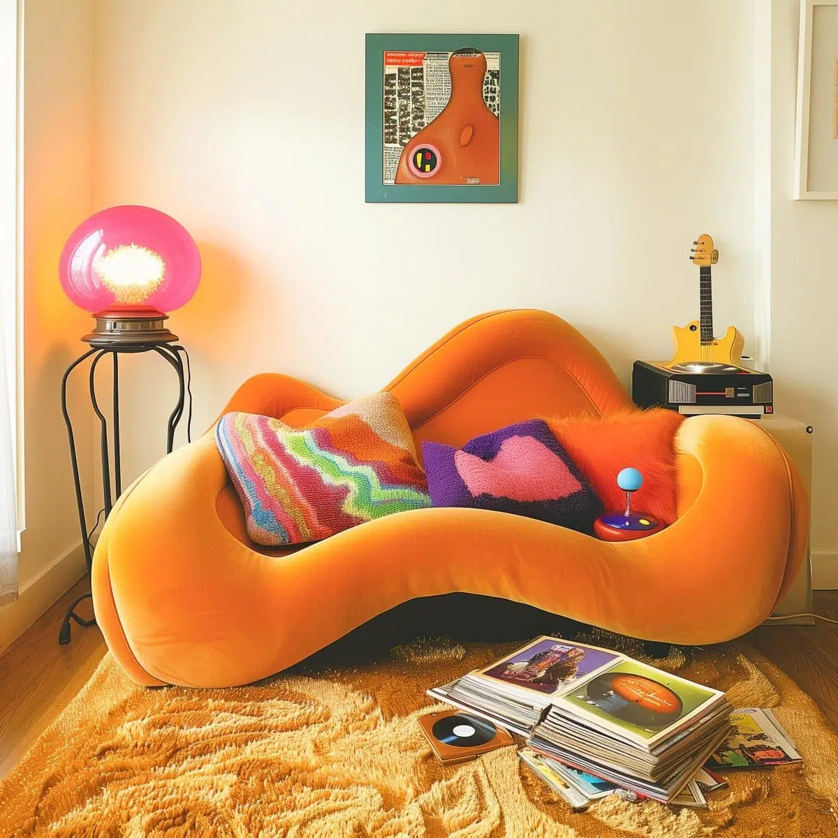 A_worn_retro-style_orange_sofa_with_playful_curves 16 Another view of the retro orange sofa, showcasing its unique design in a vintage-inspired room with a glowing orb lamp and nostalgic decor.