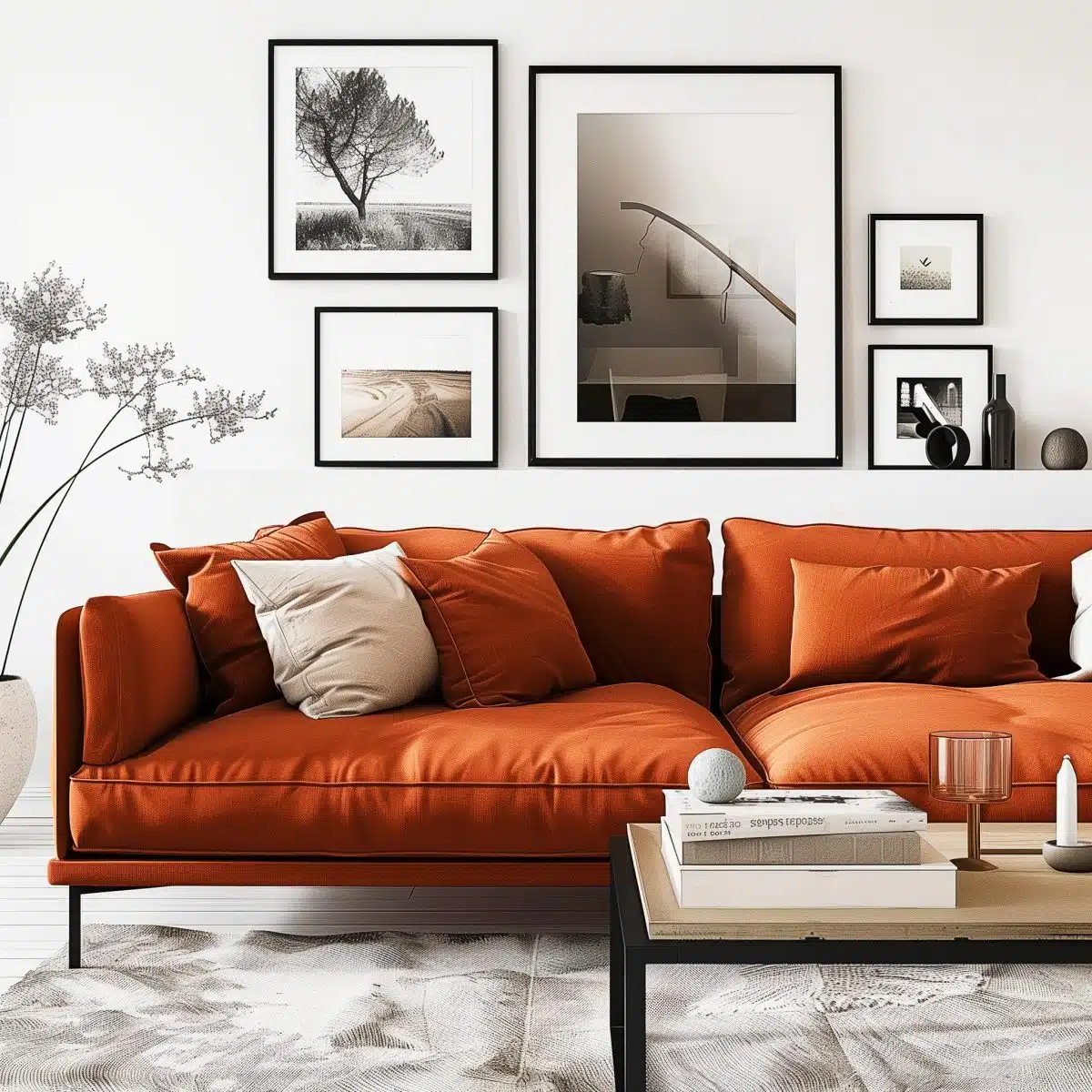 An_orange_linen_sofa_with_simple_lines_in_a_room 17 A minimalist orange linen sofa with clean lines and a sleek design, complementing the modern aesthetics of the room.