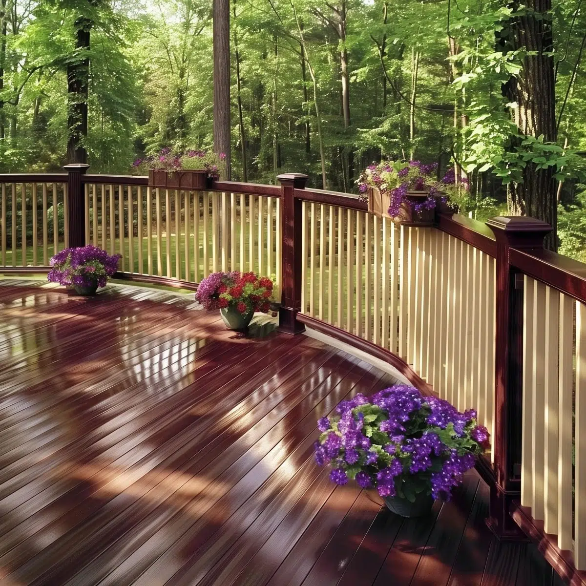 Burgundy_and_Almond_For_a_unique_and_rich_appearance 16 A spacious burgundy deck bordered by almond-colored railing, with purple and red flowers in planters, amidst a backdrop of greenery.